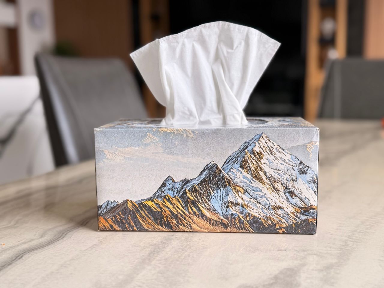 portfolio-05 A tissue box with a mountain landscape design, placed on a marble table indoors.