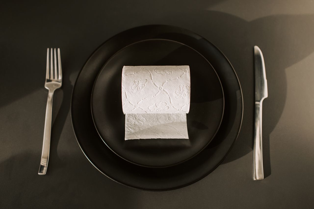 Creative still life setup of a dinner plate with a toilet paper roll, fork, and knife.